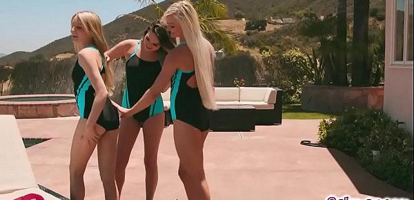  Hot sexy lesbian threesome in swimsuits as the teens goes hot caressing each other and grinding their tight pussies